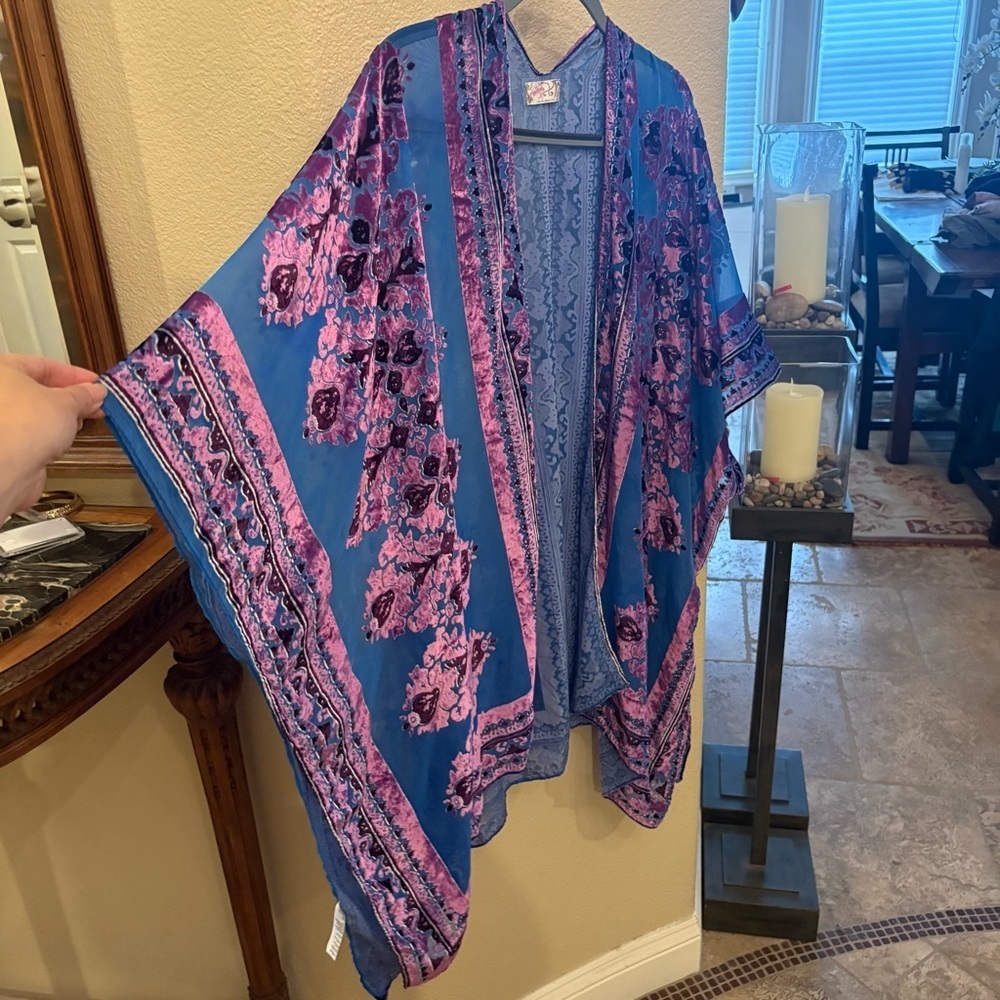 FREE PEOPLE Women Muse Blue Purple Velvet Burnout Kimono Coverup One Size - Picture 2 of 8